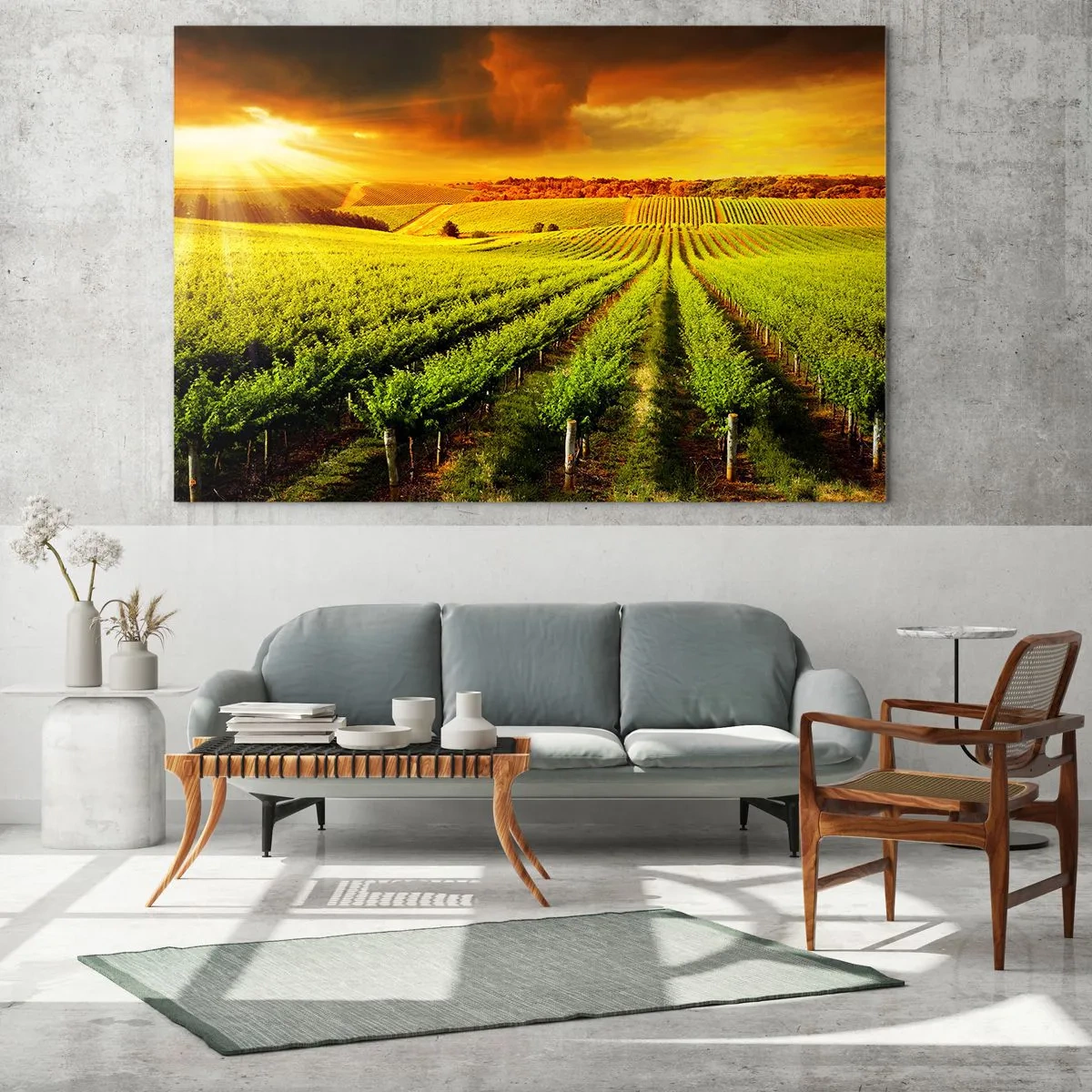 Glasbild - Bild auf glas - Weinberg im Licht der untergehenden Sonne - 70x50cm - Unter der australischen Sonne - Moderne Wanddekoration für Wohnzimmer und Schlafzimmer ARTTOR