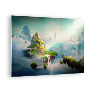 Glasbild - Bild auf glas - Fliegende Inseln in den Wolken mit Regenbögen und Wasserfällen - 70x50cm - Mitten am Himmel - glückliche Inseln - Moderne Wanddekoration für Wohnzimmer und Schlafzimmer ARTTOR
