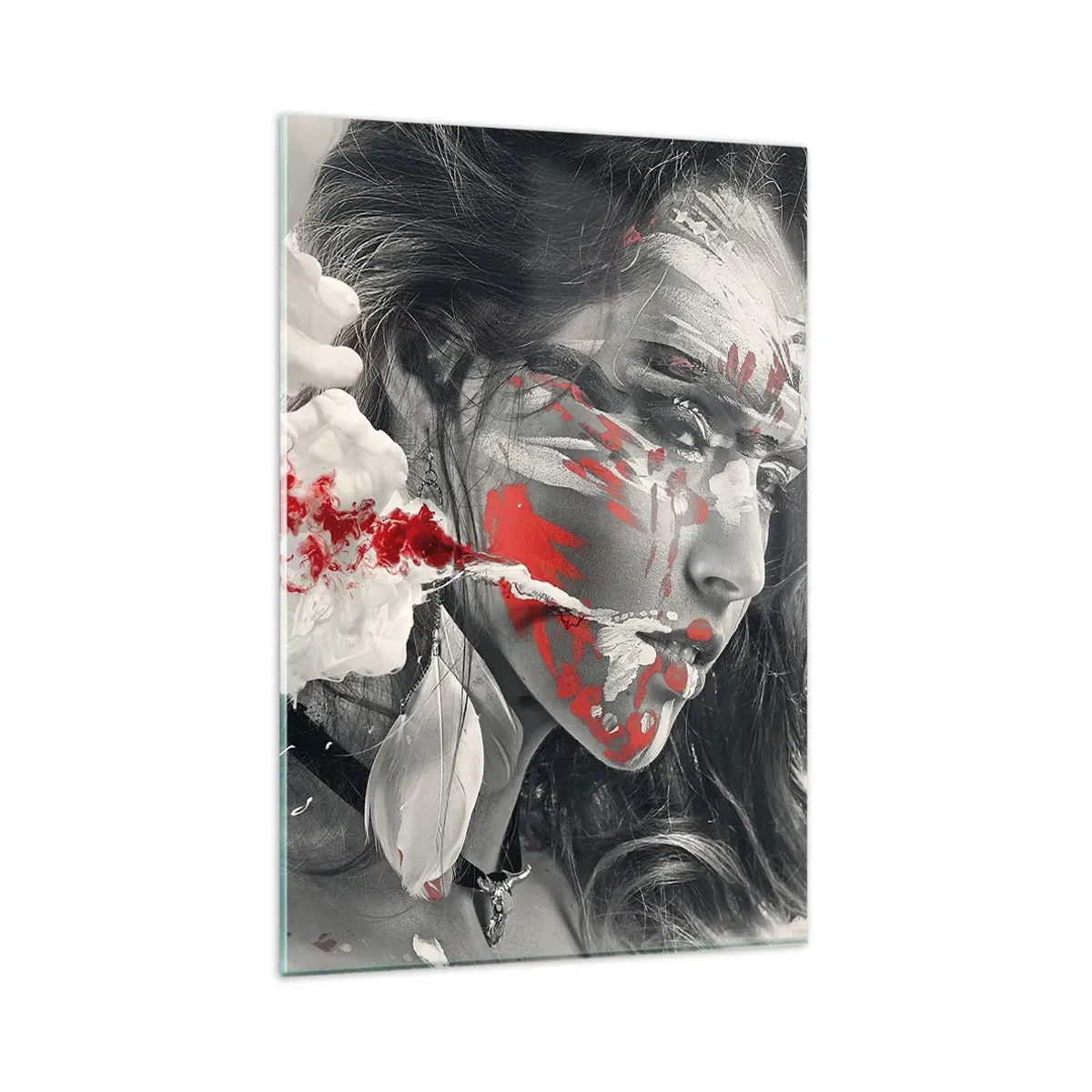 Glasbild - Bild auf glas - Künstlerisches Frauenportrait mit abstrakten roten Akzenten - 80x120cm - Im Dunst der Absurdität - Moderne Wanddekoration für Wohnzimmer und Schlafzimmer ARTTOR