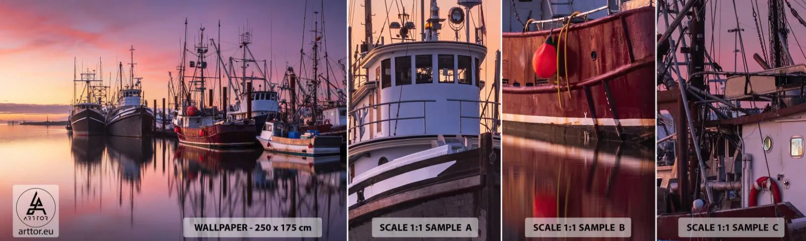 Fototapeten Muster Selbstklebend Deluxe Sticker - Vor dem nächsten Tag - Fischerhafen, Boote, Angeln - 100x30 cm