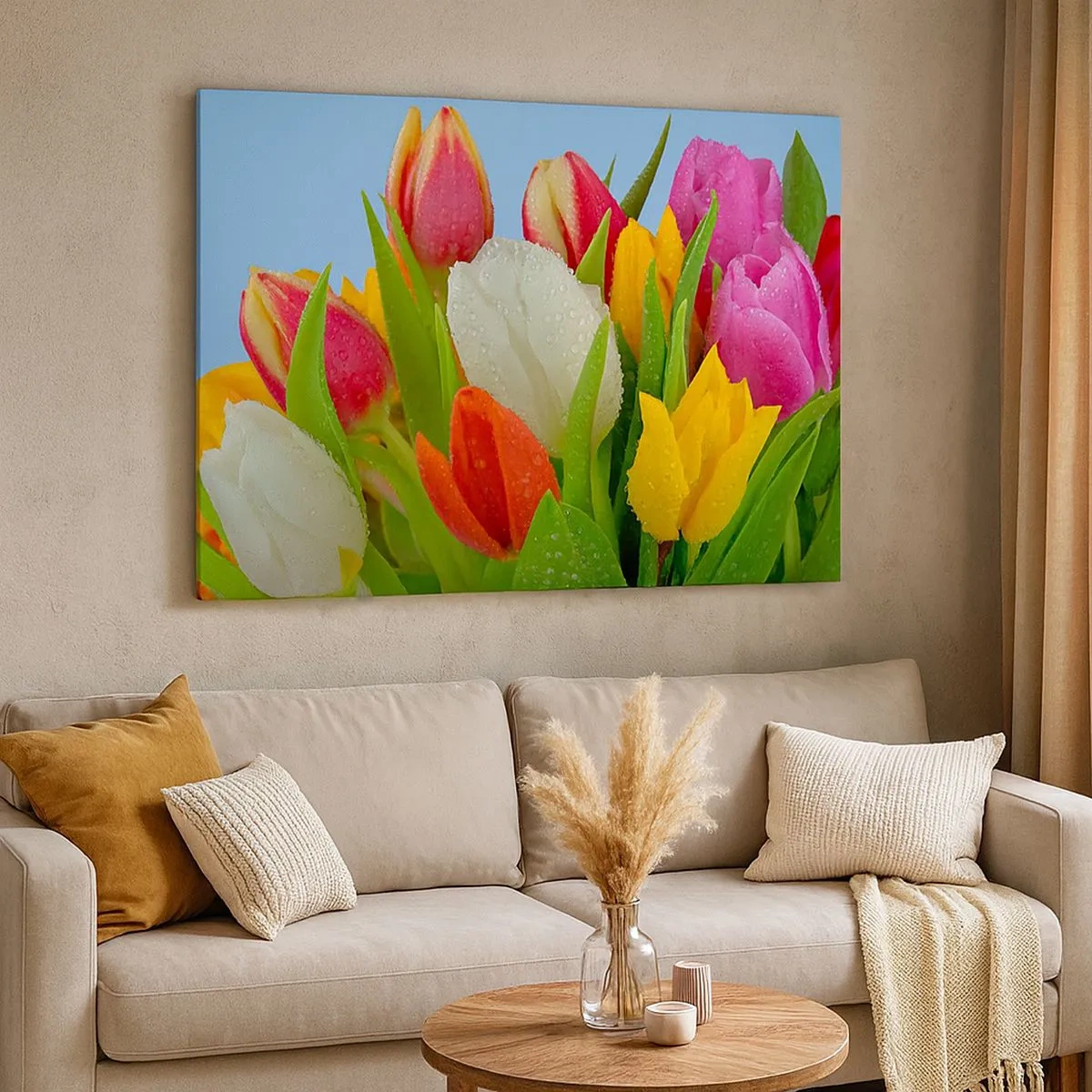 Bild auf Leinwand - Leinwandbild - Bunte Tulpen mit Tautropfen auf blauem Hintergrund bedeckt - 70x50cm - Ein blumiger Regenbogen in Tautropfen - Moderne Wanddekoration für Wohnzimmer und Schlafzimmer ARTTOR