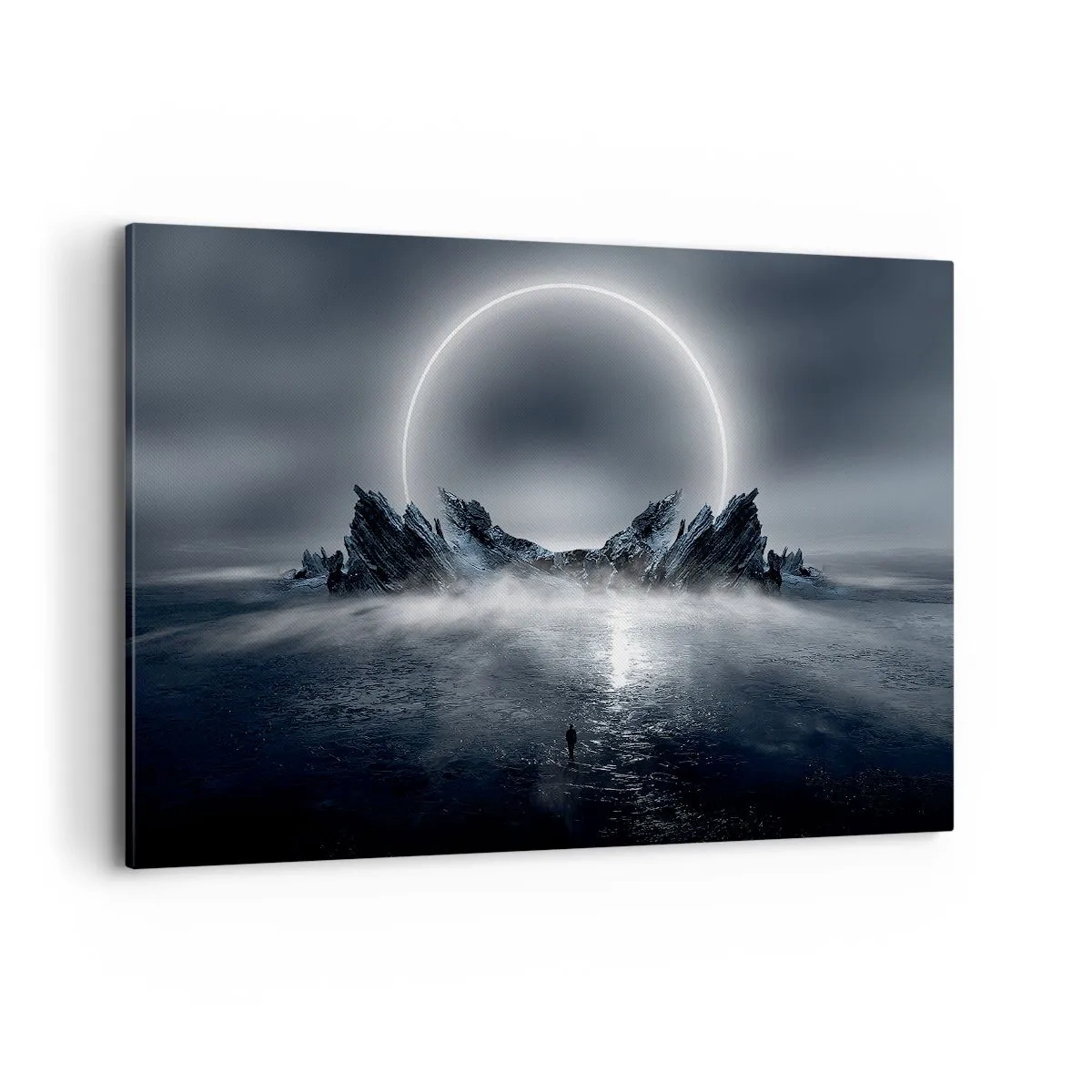 Bild auf Leinwand - Leinwandbild - Mysteriöse Landschaft mit einem Lichtring über den Bergen - 120x80cm - Ende der Geschichte - Moderne Wanddekoration für Wohnzimmer und Schlafzimmer ARTTOR