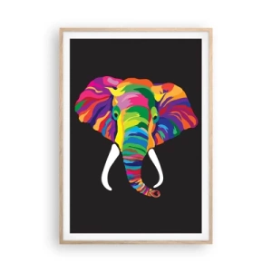 Poster in einem Rahmen aus heller Eiche - Der Elefant, der es liebte, im Regenbogen zu baden - 70x100 cm