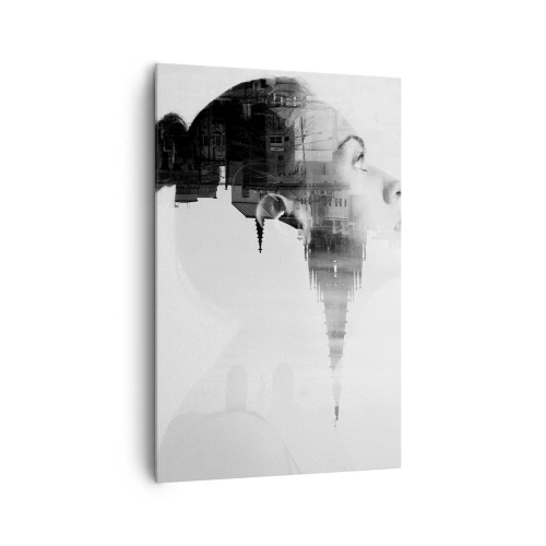 Bild auf Leinwand - Leinwandbild - Porträt einer Frau mit den Umrissen einer Stadt im Hintergrund, schwarz-weiße Farben - 80x120cm - Auf beiden Seiten des Glases - Moderne Wanddekoration für Wohnzimmer und Schlafzimmer ARTTOR