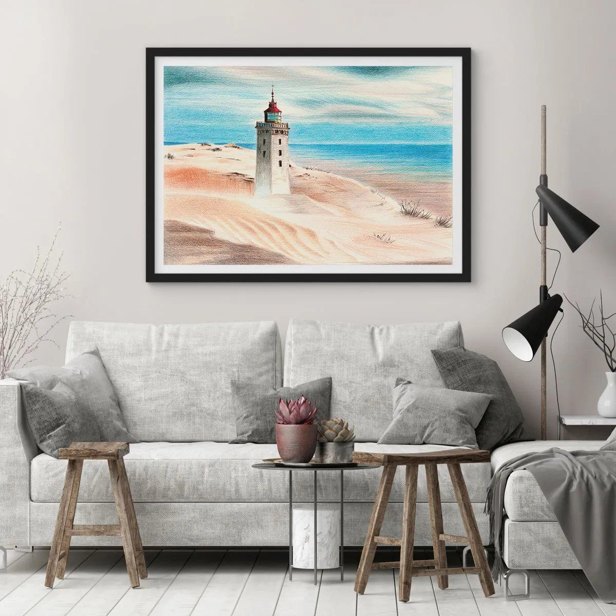 Poster in einem schwarzem Rahmen - Ein Leuchtturm, umgeben von Sanddünen und blauem Himmel - 70x50cm - Immer aufs Meer starrend - Moderne Wanddekoration für Wohnzimmer und Schlafzimmer ARTTOR