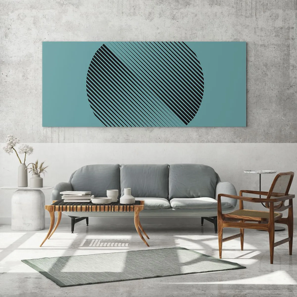 Glasbild - Bild auf glas - Ein minimalistischer Kreis mit Linien auf türkisfarbenem Hintergrund. - 120x50cm - Kreis – eine geometrische Variante - Moderne Wanddekoration für Wohnzimmer und Schlafzimmer ARTTOR