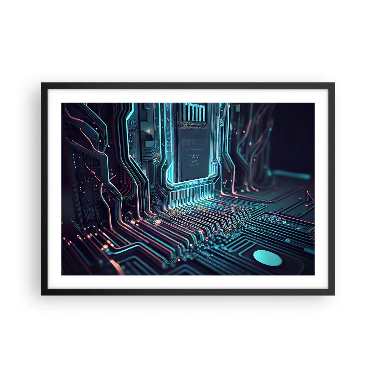 Poster in einem schwarzem Rahmen - Technologische Leiterplatte mit beleuchteten Spuren - 70x50cm - Ich denke nur… - Moderne Wanddekoration für Wohnzimmer und Schlafzimmer ARTTOR