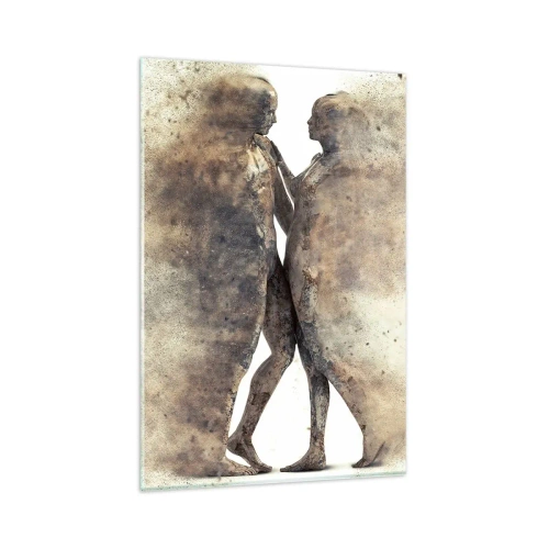 Glasbild - Bild auf glas - Ein abstraktes Silhouettenduo in Sandtönen - 80x120cm - Sie erhoben sich aus dem Staub, um zu lieben - Moderne Wanddekoration für Wohnzimmer und Schlafzimmer ARTTOR