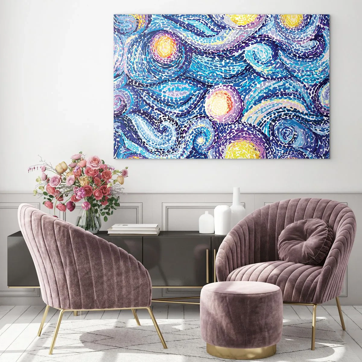 Glasbild - Bild auf glas - Eine abstrakte Interpretation der Sternennacht in intensiven Farben - 70x50cm - Aus einem Gemälde von van Gogh - Moderne Wanddekoration für Wohnzimmer und Schlafzimmer ARTTOR