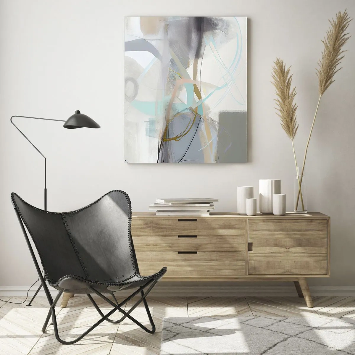Glasbild - Bild auf glas - Pastellabstraktion mit zarten Linien - 70x100cm - Neblige Abstraktion - Moderne Wanddekoration für Wohnzimmer und Schlafzimmer ARTTOR