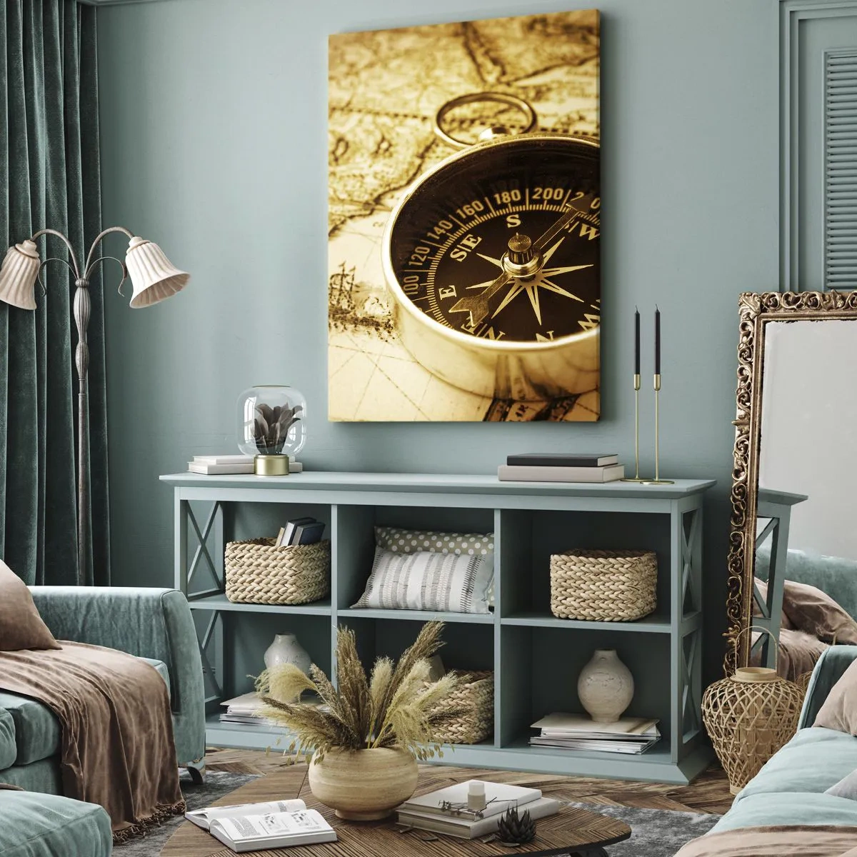 Bild auf Leinwand - Leinwandbild - Ein antiker Kompass vor dem Hintergrund einer alten Weltkarte - 50x70cm - Ost oder West? - Moderne Wanddekoration für Wohnzimmer und Schlafzimmer ARTTOR