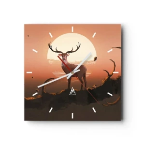 Wanduhr - Glasuhr - Ein Hirsch vor dem Hintergrund der untergehenden Sonne und einer surrealen Landschaft - 30x30cm - Diese Nacht ist anders als jede andere - Moderne Wanddekoration für Wohnzimmer und Schlafzimmer ARTTOR