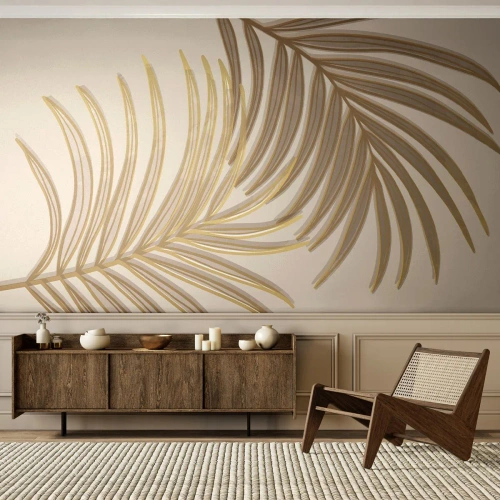 Fototapete Premium Canvas - Goldene Palme! - Abstraktion, Palmblatt, Grafik - 150x105 cm