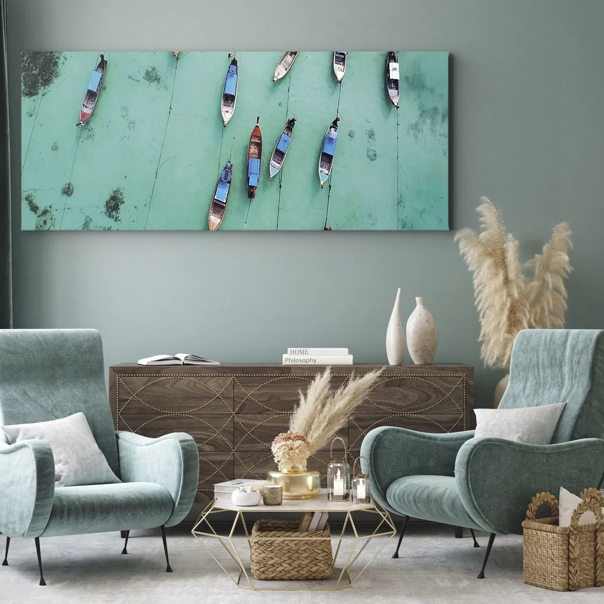 Bild auf Leinwand - Leinwandbild - Boote auf türkisfarbenem Wasser aus der Vogelperspektive - 120x50cm - In freudiger Erwartung - Moderne Wanddekoration für Wohnzimmer und Schlafzimmer ARTTOR