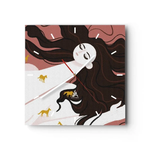 Wanduhr - Glasuhr - Eine Figur mit geschlossenen Augen, umgeben von goldenen Pferden - 30x30cm - Traum von einem goldenen Pferd - Moderne Wanddekoration für Wohnzimmer und Schlafzimmer ARTTOR