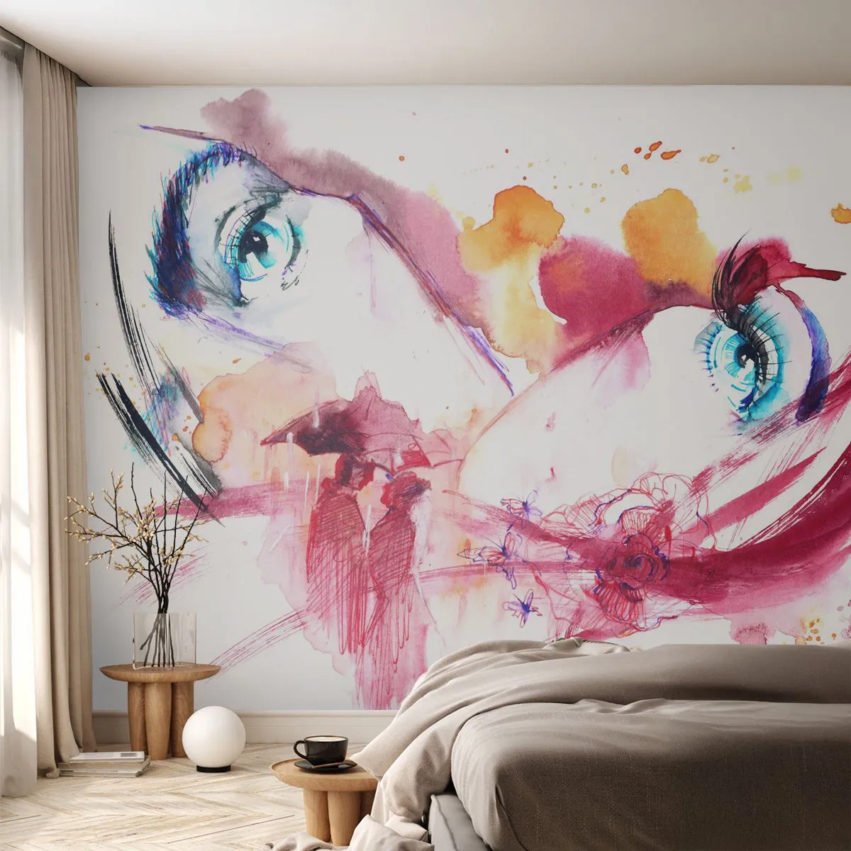 Fototapete Standard Eco - Abstraktes Porträt einer Frau in Aquarellfarben - 100x70cm - Die Welt gedeiht in der Nähe - Moderne Wanddekoration für Wohnzimmer und Schlafzimmer ARTTOR