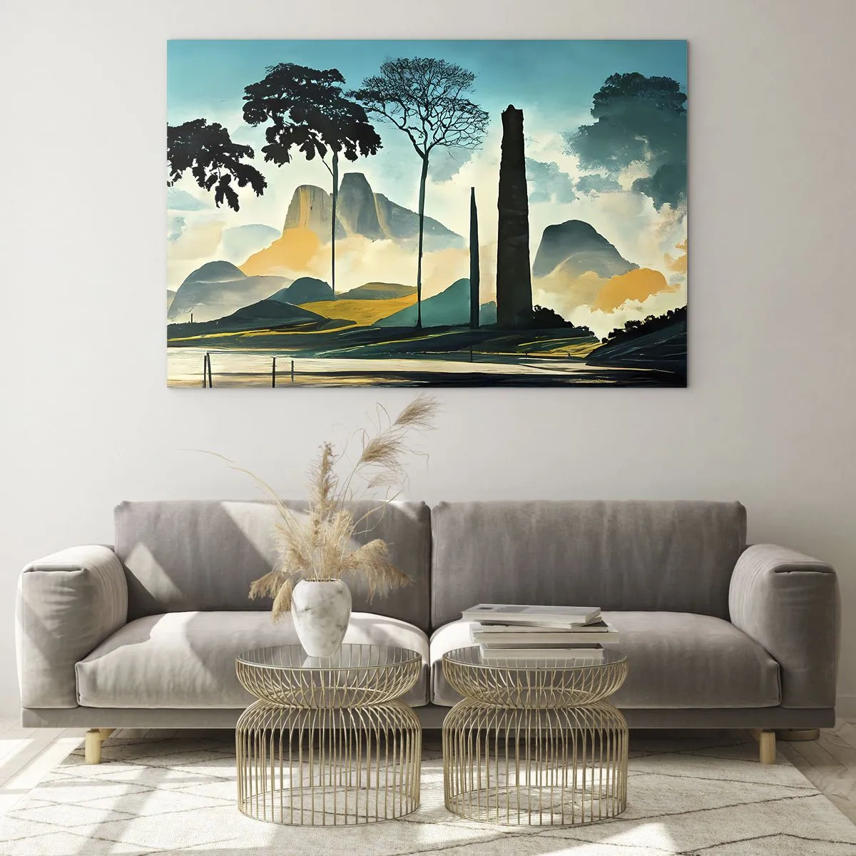 Glasbild - Bild auf glas - Eine Fantasielandschaft mit Bergen, Bäumen und einem hoch aufragenden Felsen - 70x50cm - Immer höher und höher - Moderne Wanddekoration für Wohnzimmer und Schlafzimmer ARTTOR