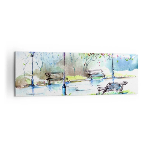 Bild auf Leinwand - Leinwandbild - Aquarell-Parkszene mit Bänken und Lampen - 160x50cm - Der Zauber der Stille des Parks - Moderne Wanddekoration für Wohnzimmer und Schlafzimmer ARTTOR