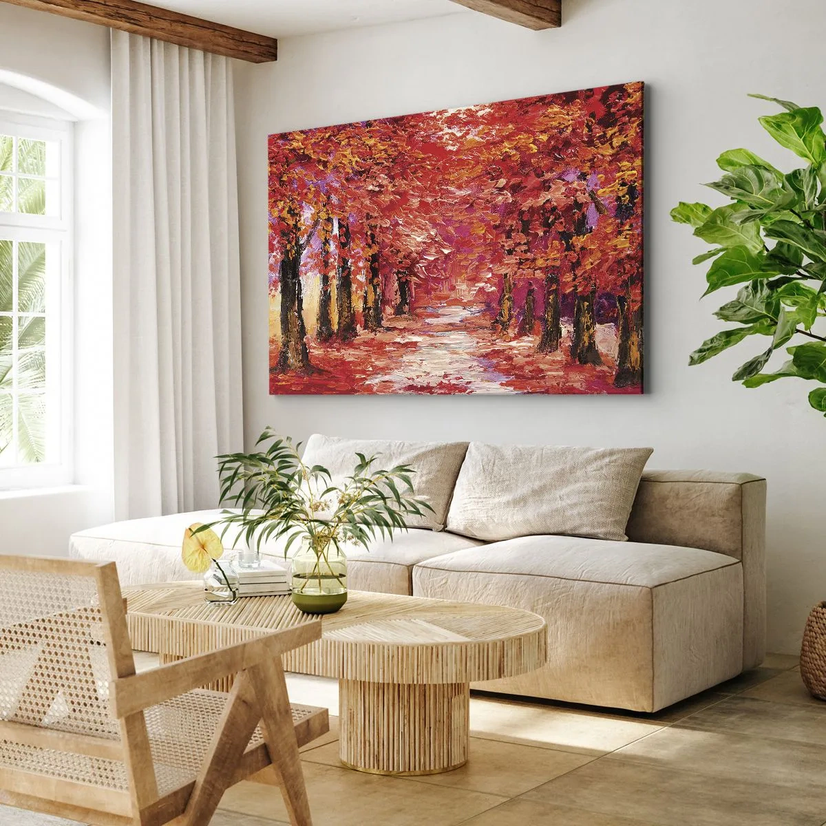 Bild auf Leinwand - Leinwandbild - Eine malerische Gasse in herbstlichen Farben im impressionistischen Stil - 100x70cm - Herbstlicher Eindruck - Moderne Wanddekoration für Wohnzimmer und Schlafzimmer ARTTOR