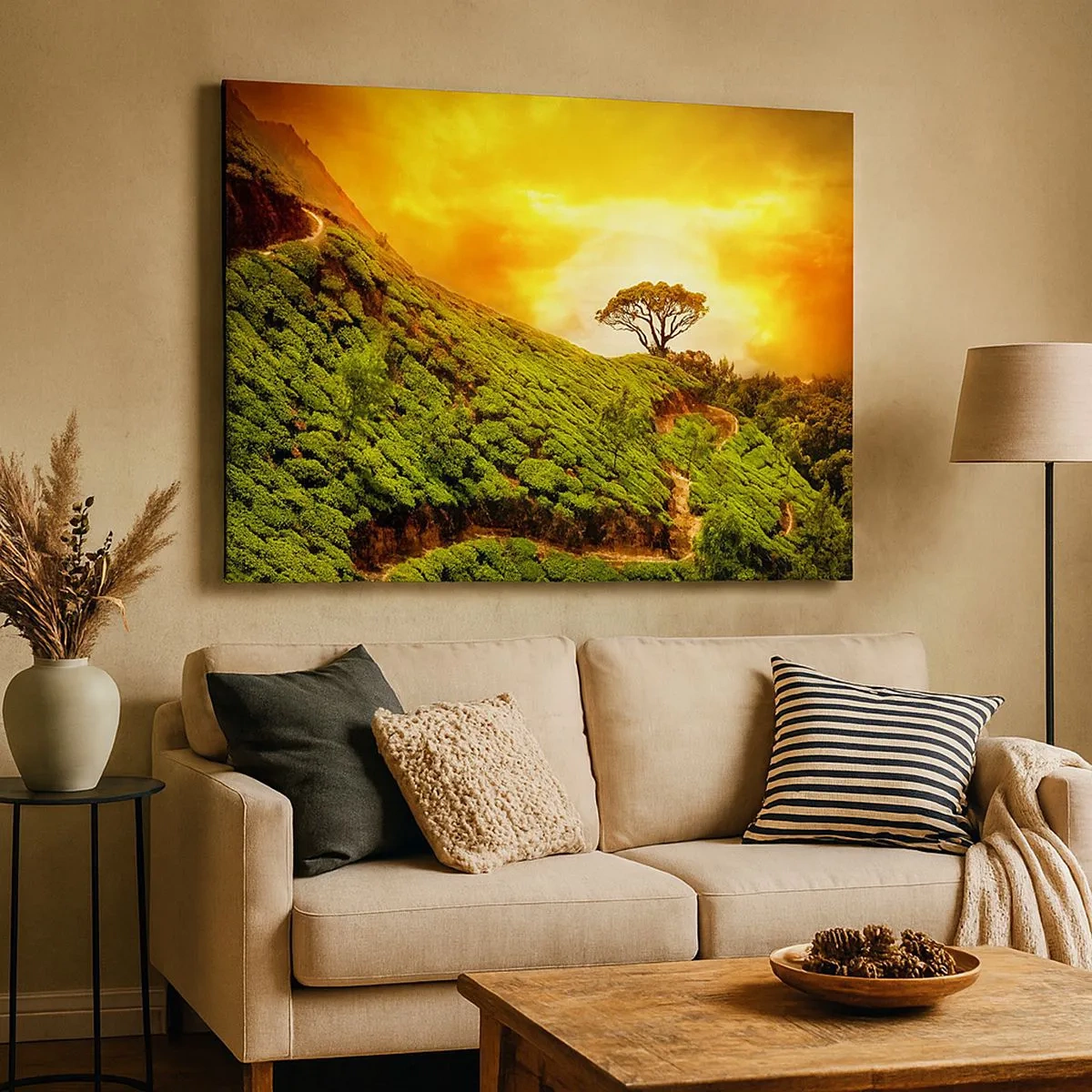 Bild auf Leinwand - Leinwandbild - Grüne Hügel mit Teeplantagen bei Sonnenuntergang - 70x50cm - Ein gewundener Weg, ein grüner Hang - Moderne Wanddekoration für Wohnzimmer und Schlafzimmer ARTTOR