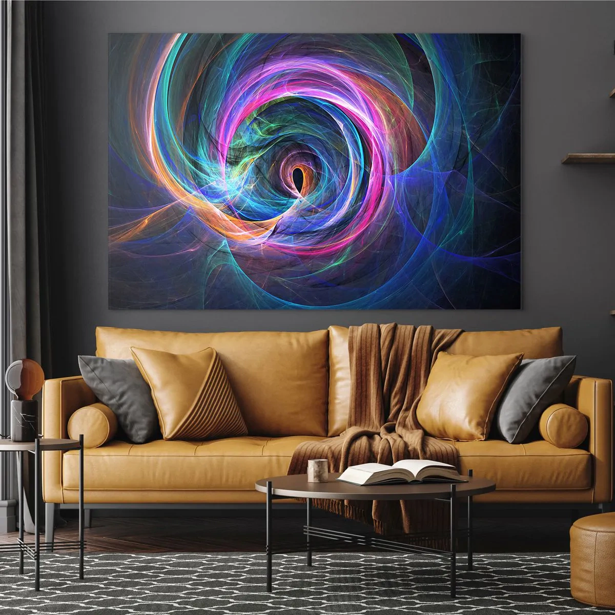 Glasbild - Bild auf glas - Eine abstrakte Spirale in intensiven Farben auf dunklem Hintergrund. - 120x80cm - Wohin wirst du mich bringen? - Moderne Wanddekoration für Wohnzimmer und Schlafzimmer ARTTOR