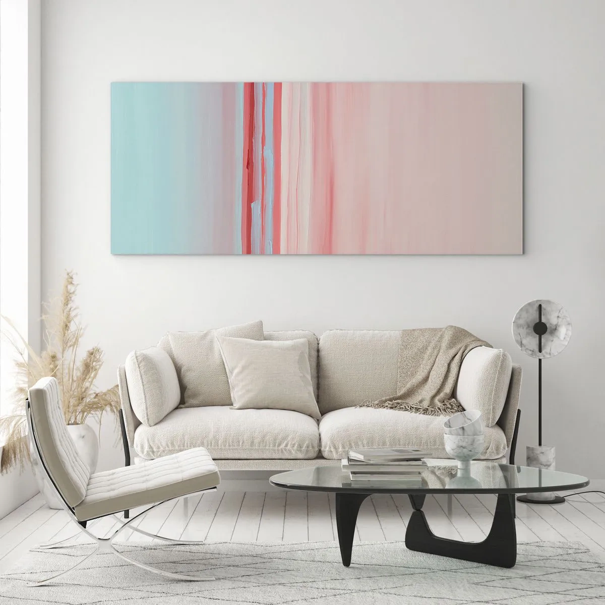 Glasbild - Bild auf glas - Pastellfarbene Linien in Rosa- und Blautönen in einer minimalistischen Komposition - 140x50cm - Abstraktion im Morgengrauen - Moderne Wanddekoration für Wohnzimmer und Schlafzimmer ARTTOR