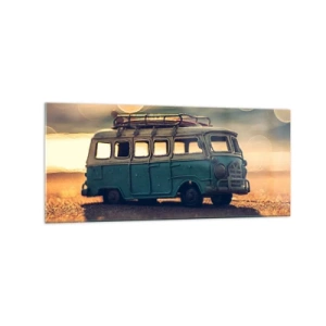 Glasbild - Bild auf glas - Retro-Bus gegen verschwommenes Licht - 120x50cm - Das Ende der Idole: Geld und Arbeit - Moderne Wanddekoration für Wohnzimmer und Schlafzimmer ARTTOR