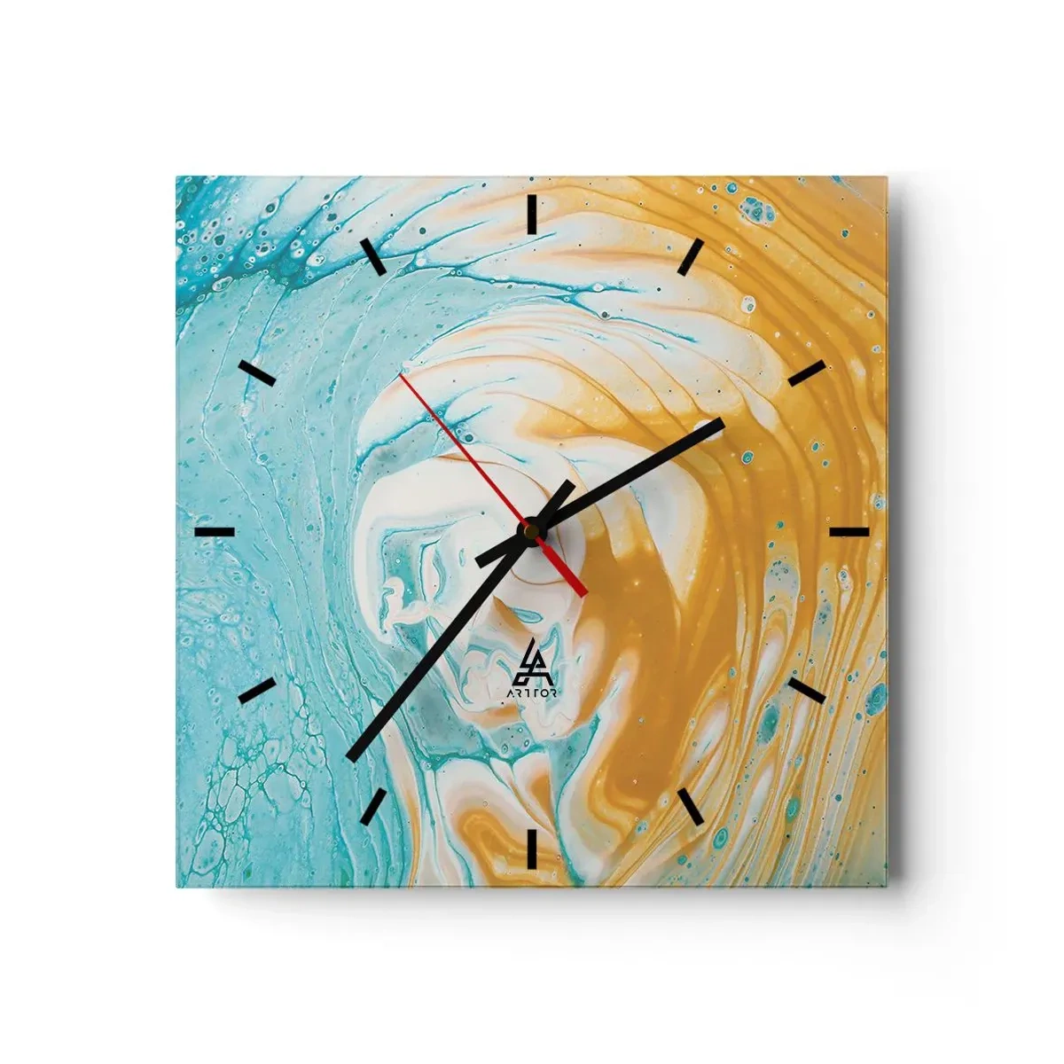 Wanduhr - Glasuhr - Abstrakte Wellen in Blau- und Goldtönen auf Leinwand - 30x30cm - Pastellwirbel - Moderne Wanddekoration für Wohnzimmer und Schlafzimmer ARTTOR