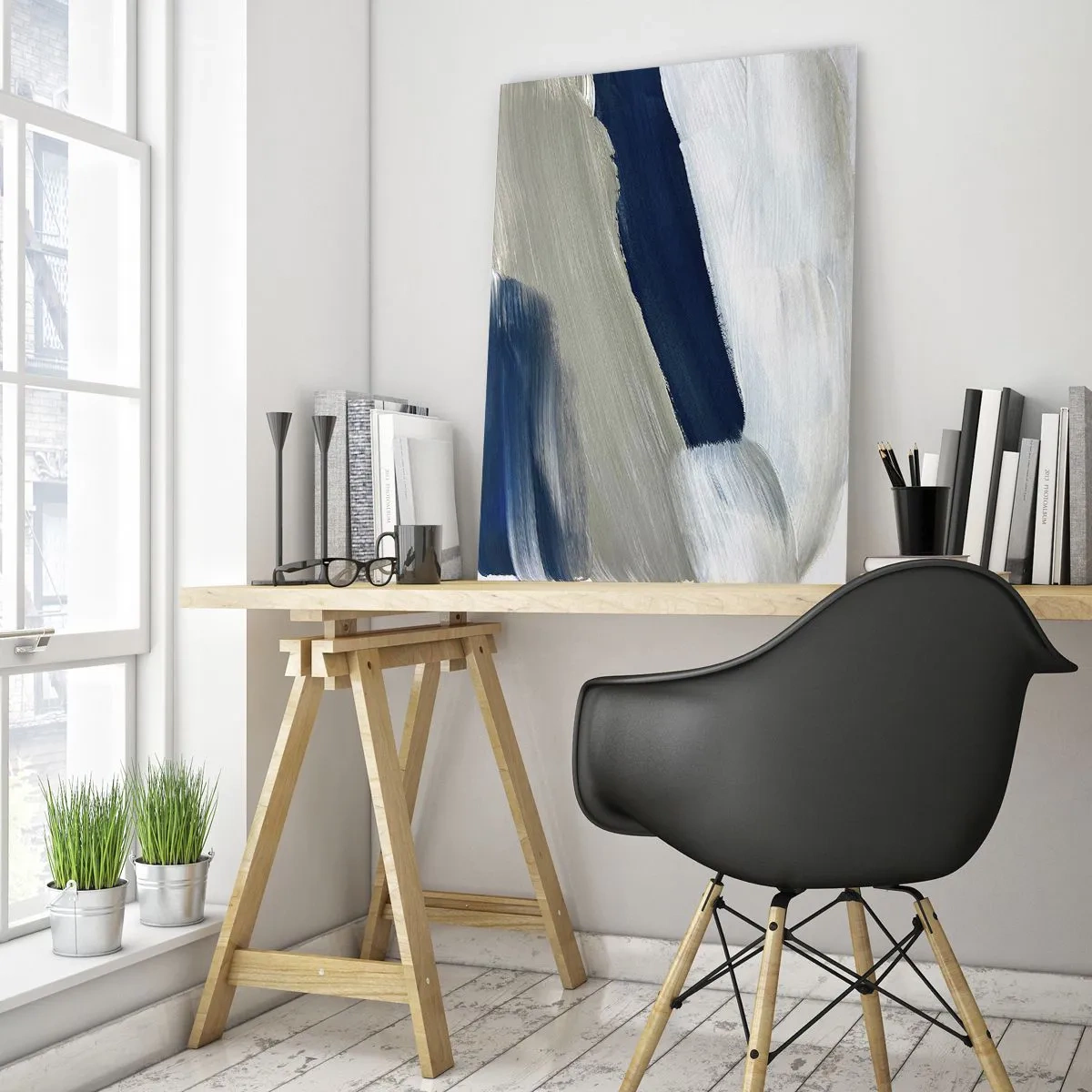 Glasbild - Bild auf glas - Abstrakte Pinselstriche in Blau- und Grautönen - 80x120cm - Begegnung mit dem Weißsein - Moderne Wanddekoration für Wohnzimmer und Schlafzimmer ARTTOR