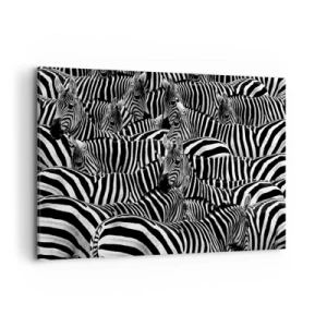 Bild auf Leinwand - Leinwandbild - Eine Gruppe Zebras mit schwarzen und weißen Streifen, die ein symmetrisches Muster bilden. - 120x80cm - Gestreiftes Gruppenportrait - Moderne Wanddekoration für Wohnzimmer und Schlafzimmer ARTTOR