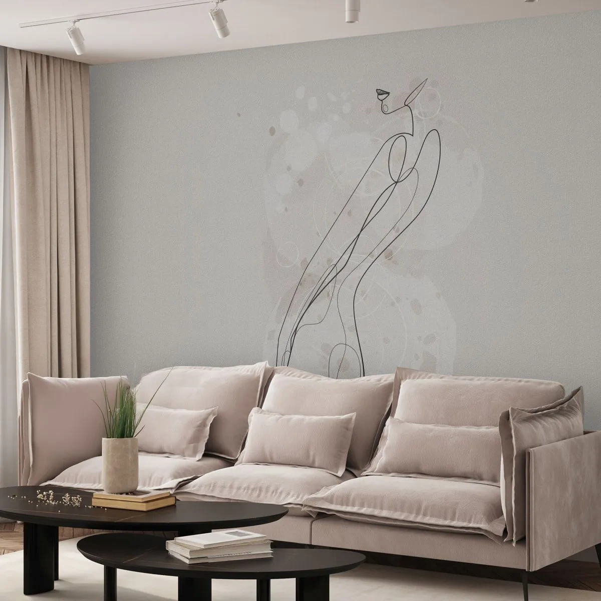 Fototapete Premium Sand - Weibliche Silhouette im Line-Art-Stil auf hellem Hintergrund - 100x70cm - Der Blick schweift - Moderne Wanddekoration für Wohnzimmer und Schlafzimmer ARTTOR
