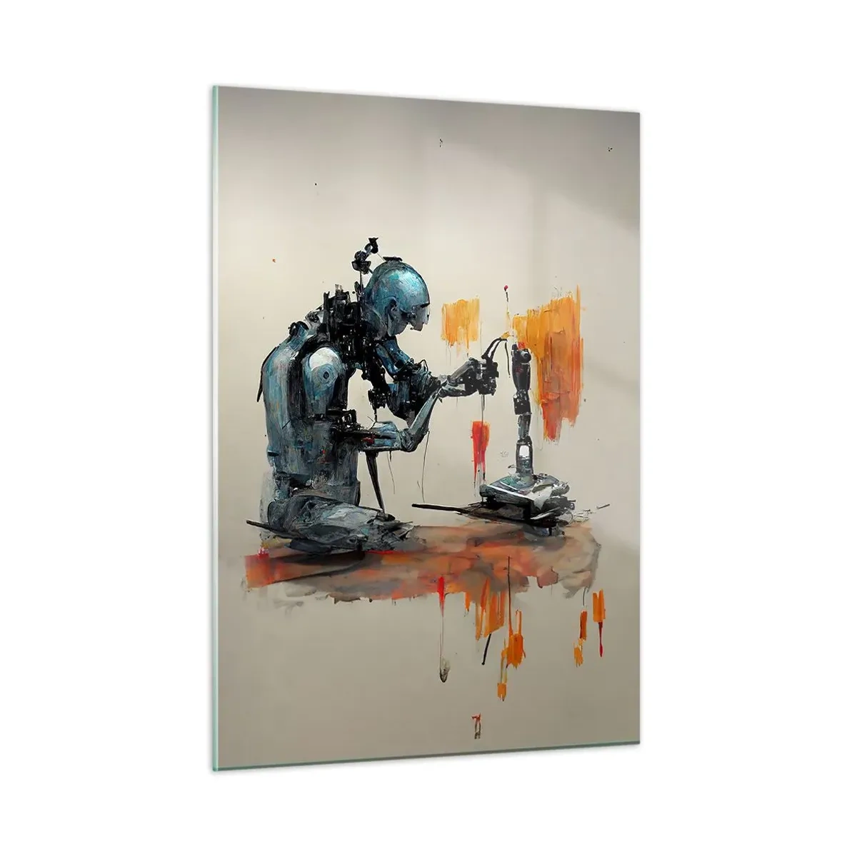Glasbild - Bild auf glas - Ein Roboter, der eine mechanische Hand auf einen abstrakten Hintergrund malt. - 50x70cm - Schon morgen… - Moderne Wanddekoration für Wohnzimmer und Schlafzimmer ARTTOR
