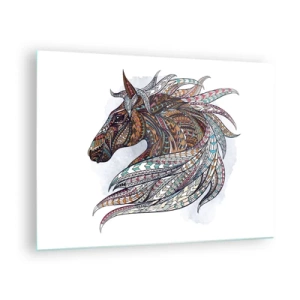 Glasbild - Bild auf glas - Buntes Pferd im künstlerischen Stil mit geometrischen Mustern - 70x50cm - Keltisches Kriegsross - Moderne Wanddekoration für Wohnzimmer und Schlafzimmer ARTTOR
