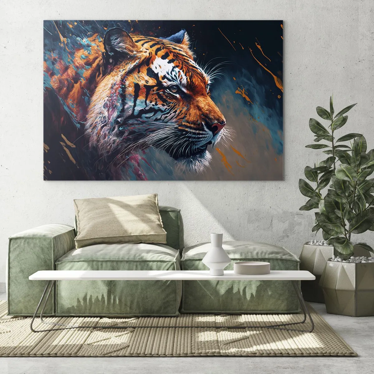 Glasbild - Bild auf glas - Porträt eines Tigers in einer künstlerischen Farbexplosion - 70x50cm - Wilde Schönheit - Moderne Wanddekoration für Wohnzimmer und Schlafzimmer ARTTOR
