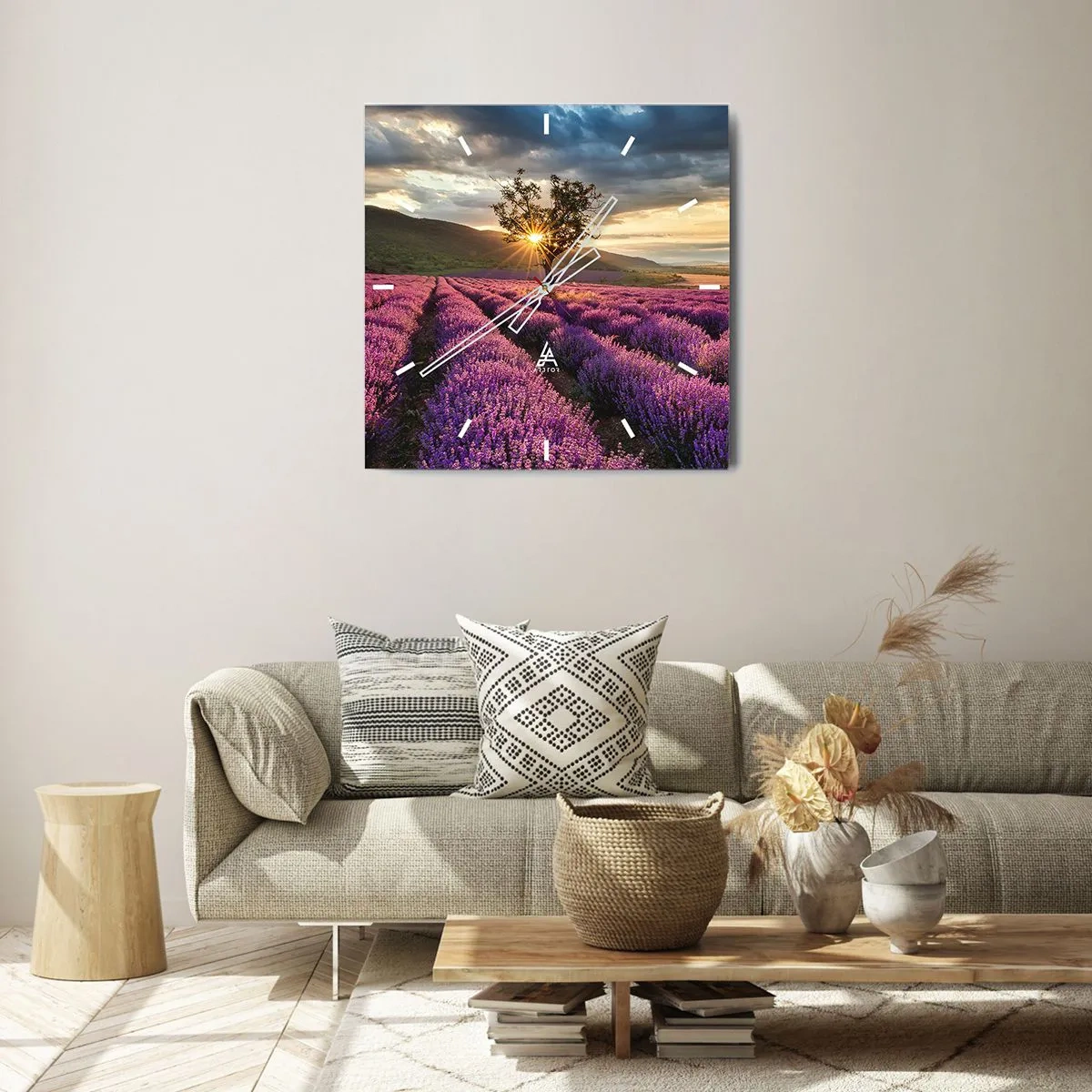 Wanduhr - Glasuhr - Ein Lavendelfeld mit einem einsamen Baum bei Sonnenuntergang - 30x30cm - Fliederfarbenes Aroma - Moderne Wanddekoration für Wohnzimmer und Schlafzimmer ARTTOR