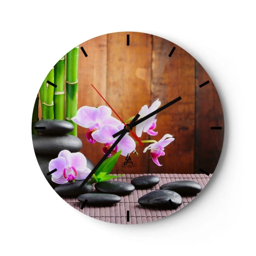 Wanduhr - Glasuhr - Lila Orchideen mit Bambus und Steinen - 30x30cm - Treffen Sie die Freuden des Ostens - Moderne Wanddekoration für Wohnzimmer, Küche und Schlafzimmer ARTTOR