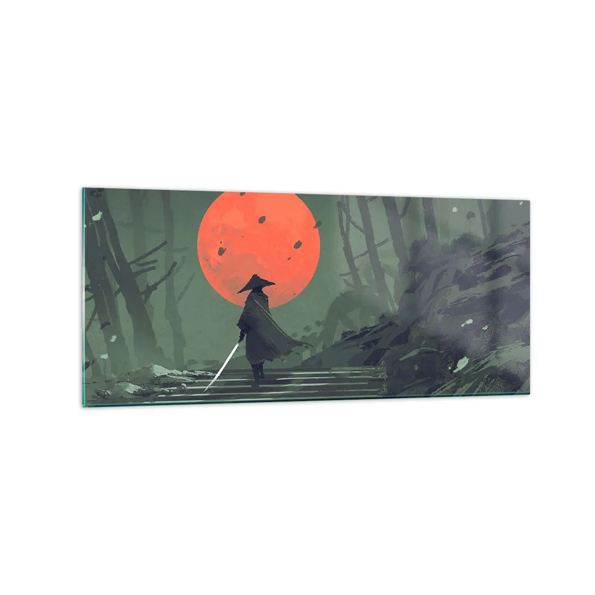 Glasbild - Bild auf glas - Ein einsamer Krieger mit einem Schwert vor dem Hintergrund eines roten Mondes in einem dunklen Wald. - 120x50cm - Krieger des Roten Mondes - Moderne Wanddekoration für Wohnzimmer und Schlafzimmer ARTTOR