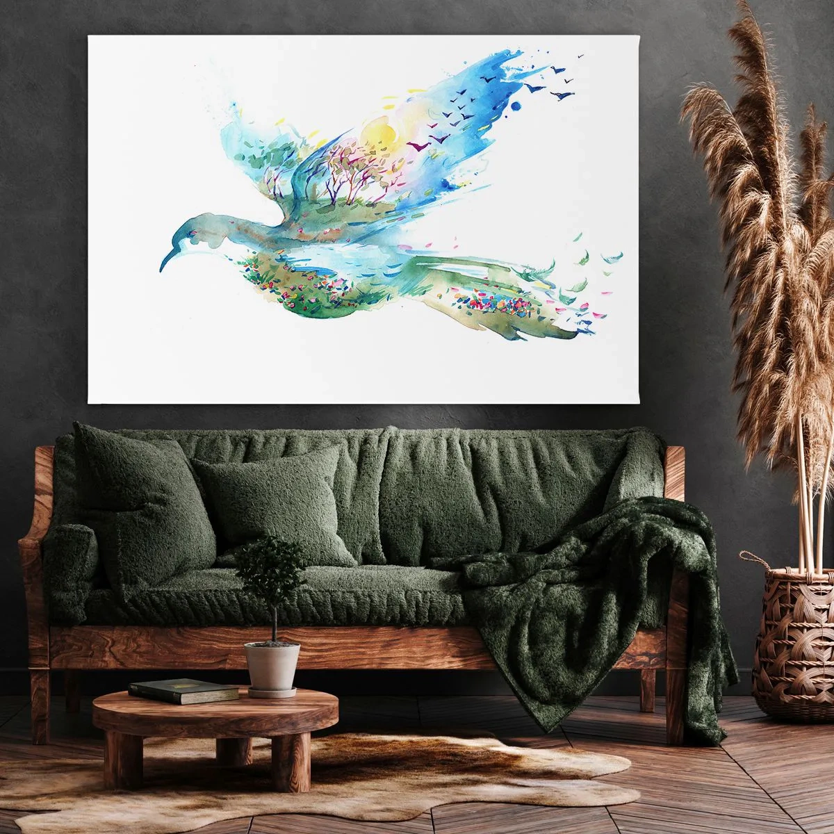 Bild auf Leinwand - Leinwandbild - Aquarellkomposition eines Vogels mit Elementen der Natur - 100x70cm - Auf den Flügeln der Natur - Moderne Wanddekoration für Wohnzimmer und Schlafzimmer ARTTOR