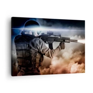 Bild auf Leinwand - Leinwandbild - Ein Soldat im Einsatz mit einem Gewehr vor einem Hintergrund aus Wolken und Licht. - 70x50cm - Nur ein Held - Moderne Wanddekoration für Wohnzimmer und Schlafzimmer ARTTOR