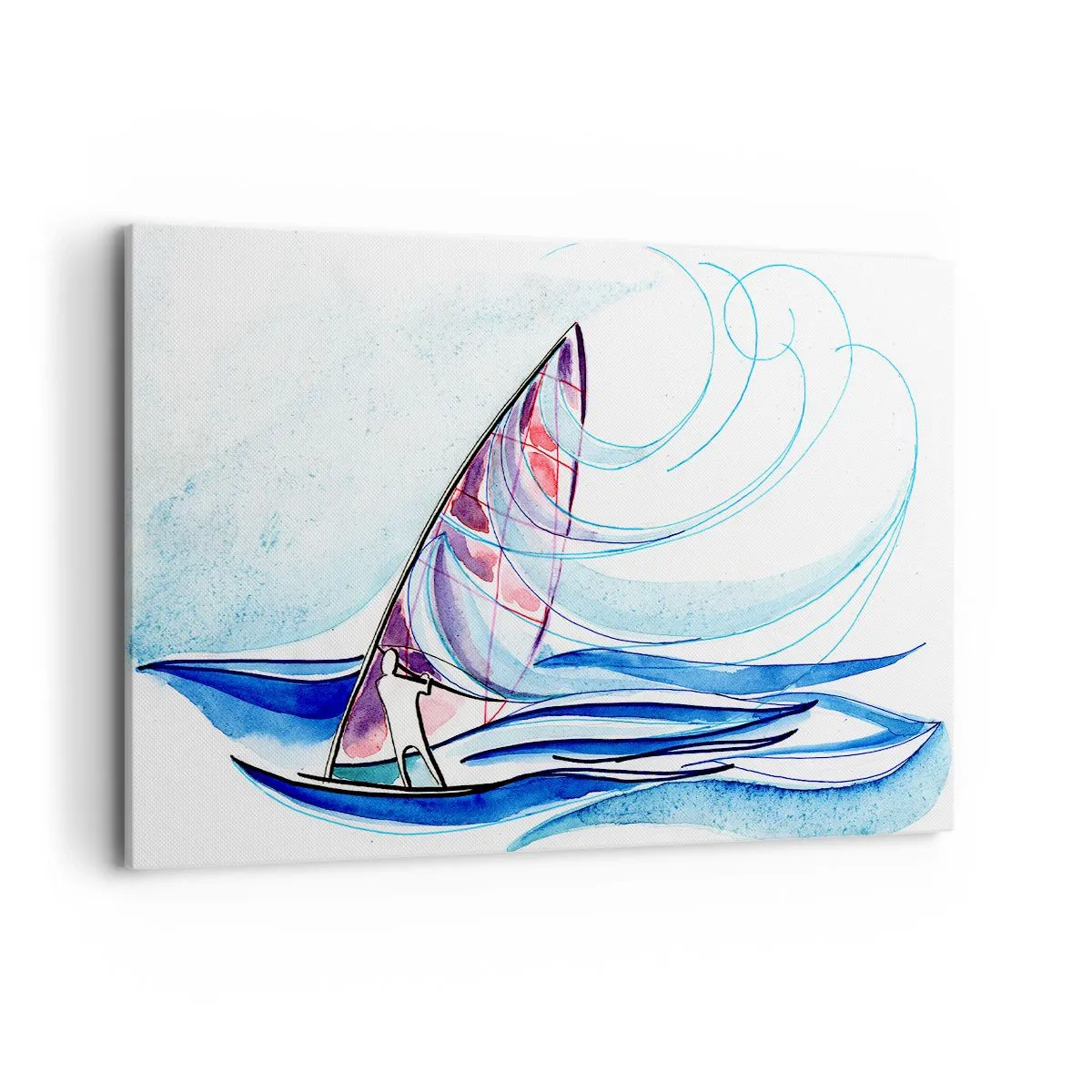 Bild auf Leinwand - Leinwandbild - Ein Surfer, der in einer abstrakten Aquarellkomposition auf den Wellen reitet - 120x80cm - Mit dem Wind im Rhythmus der Wellen - Moderne Wanddekoration für Wohnzimmer und Schlafzimmer ARTTOR