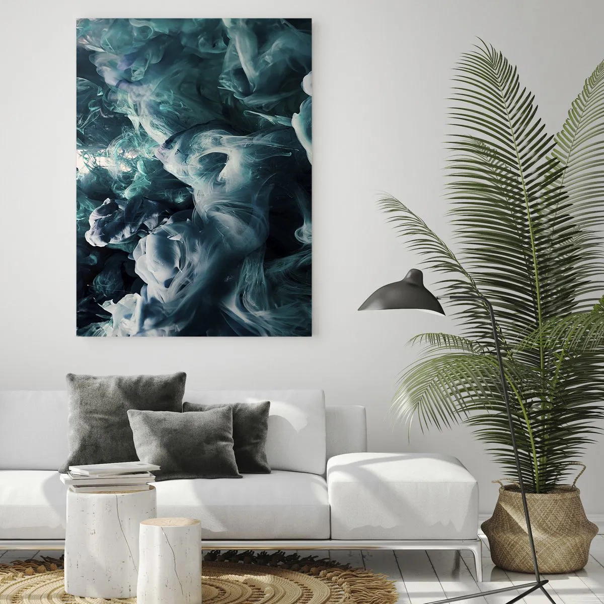 Glasbild - Bild auf glas - Dynamische abstrakte Wellen in Blau- und Weißtönen - 70x100cm - Farbbewegung - Moderne Wanddekoration für Wohnzimmer und Schlafzimmer ARTTOR