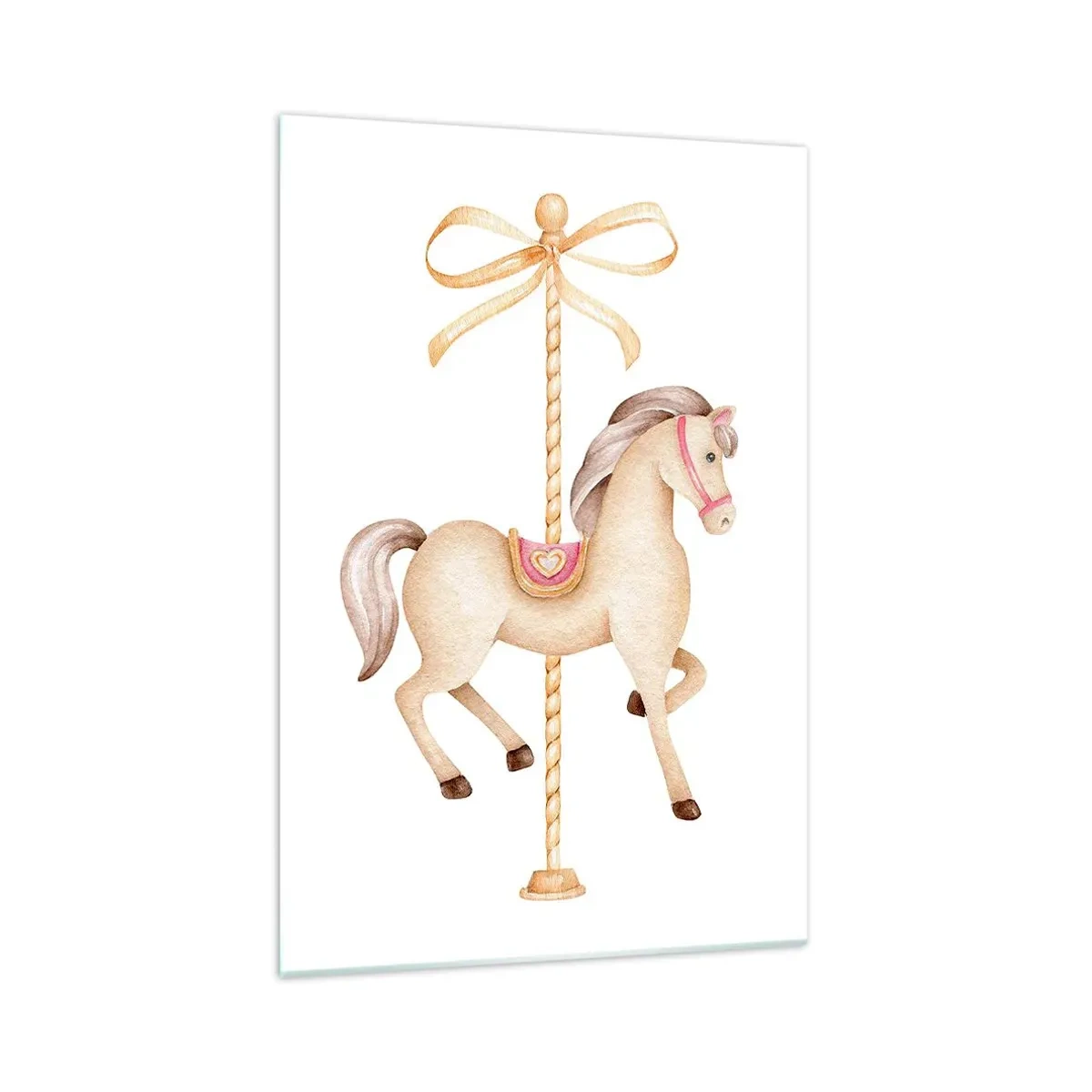 Glasbild - Bild auf glas - Ein Karussellpferd mit Schleife in zarten Pastelltönen - 70x100cm - Anmutiger Trab - Moderne Wanddekoration für Wohnzimmer und Schlafzimmer ARTTOR