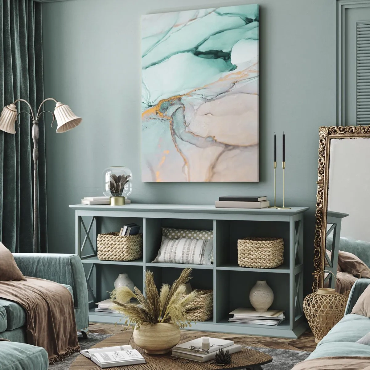 Bild auf Leinwand - Leinwandbild - Eine abstrakte Komposition in Türkis- und Goldtönen. - 50x70cm - Ein Tanz der Formen und Farben - Moderne Wanddekoration für Wohnzimmer und Schlafzimmer ARTTOR