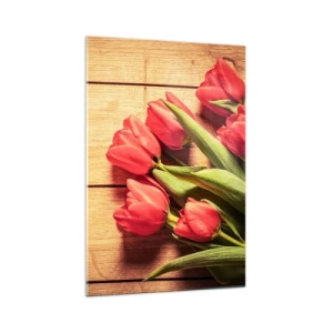 Glasbild - Bild auf glas - Ein Strauß rosa Tulpen auf einem hölzernen Hintergrund - 70x100cm - Frühlingsgeständnis - Moderne Wanddekoration für Wohnzimmer und Schlafzimmer ARTTOR