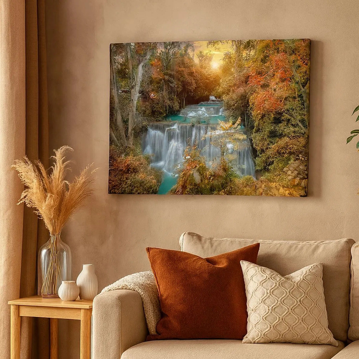 Bild auf Leinwand - Leinwandbild - Herbstlicher Wasserfall, umgeben von bunten Bäumen im Sonnenlicht - 70x50cm - Versteckter Schatz des Waldes - Moderne Wanddekoration für Wohnzimmer und Schlafzimmer ARTTOR