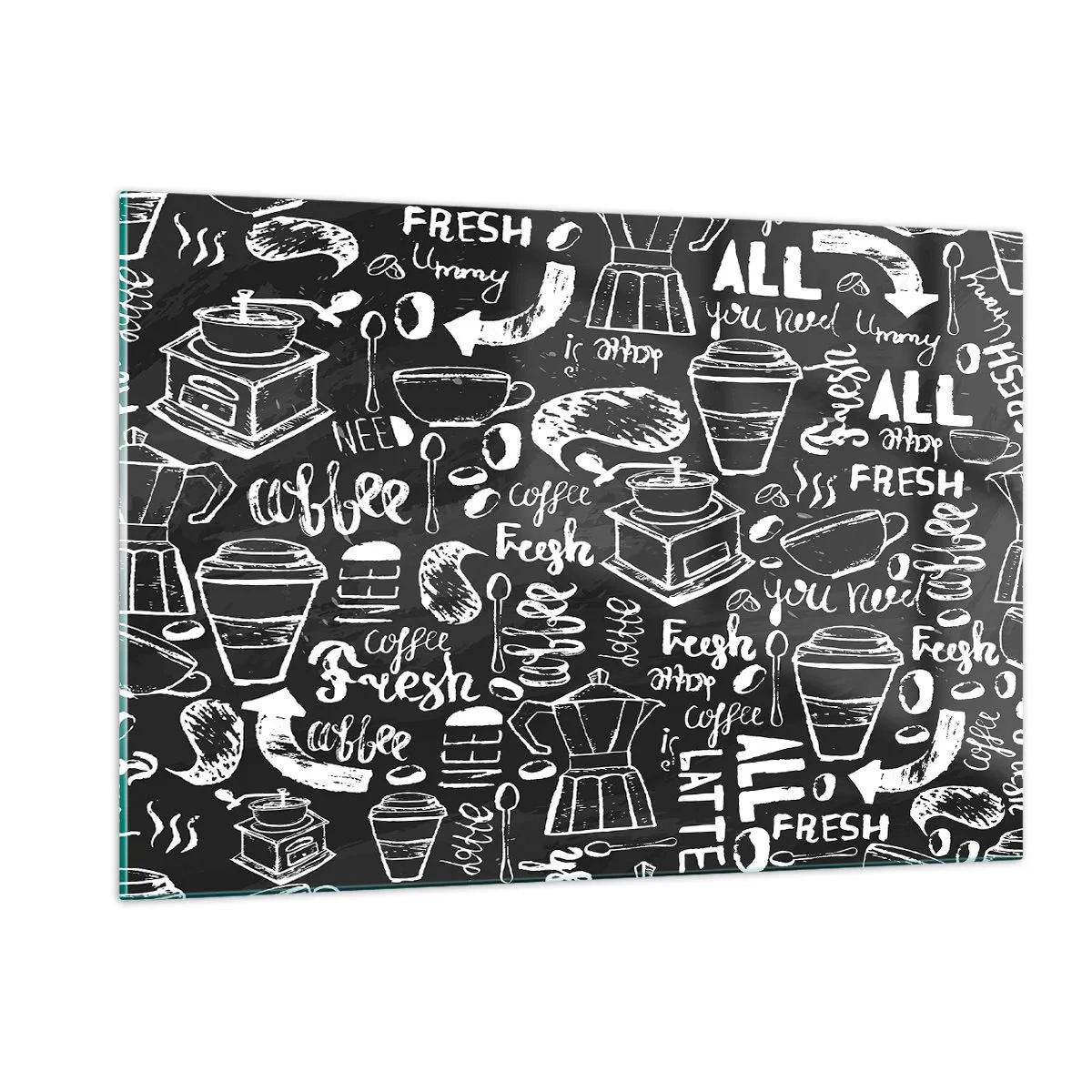 Glasbild - Bild auf glas - Kaffeegrafiken und Schriftzüge auf schwarzem Hintergrund im Retro-Stil - 120x80cm - Alles was Sie brauchen ist… - Moderne Wanddekoration für Wohnzimmer und Schlafzimmer ARTTOR