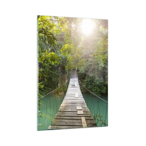 Glasbild - Bild auf glas - Eine Hängebrücke in einem tropischen Wald, beleuchtet vom Sonnenlicht. - 80x120cm - Über das azurblaue Wasser zum azurblauen Wald - Moderne Wanddekoration für Wohnzimmer und Schlafzimmer ARTTOR