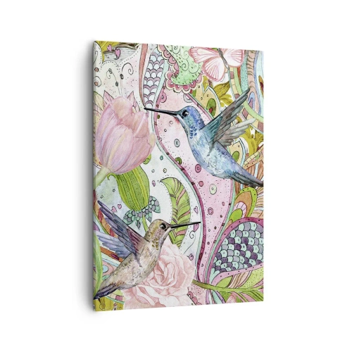 Bild auf Leinwand - Leinwandbild - Bunte Kolibris und Schmetterlinge zwischen den Pflanzen - 50x70cm - Verstrickt in Weinreben - Moderne Wanddekoration für Wohnzimmer und Schlafzimmer ARTTOR