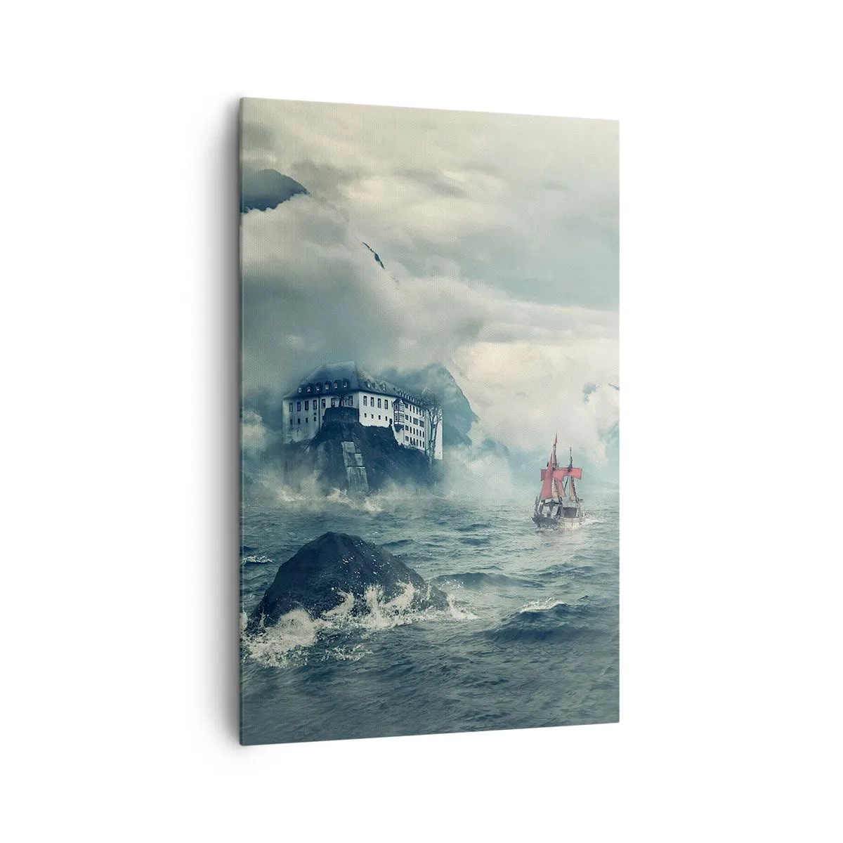 Bild auf Leinwand - Leinwandbild - Eine geheimnisvolle Landschaft mit einem Schloss, Bergen und einem Schiff - 80x120cm - In magischen Gewässern - Moderne Wanddekoration für Wohnzimmer und Schlafzimmer ARTTOR