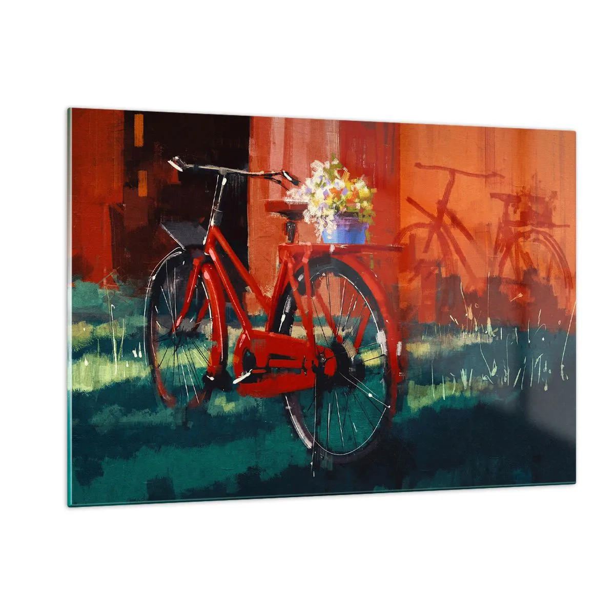 Glasbild - Bild auf glas - Ein rotes Fahrrad mit Blumen vor einem roten Gebäude - 120x80cm - Ich möchte mit meinem Fahrrad fahren - Moderne Wanddekoration für Wohnzimmer und Schlafzimmer ARTTOR